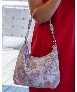 Купить онлайн сумку-мешок женскую кремовую с цветами - арт.8062
