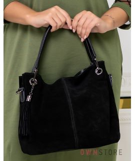 Купить онлайн замшевую женскую сумку-мешок черную на двух ручках - арт.880