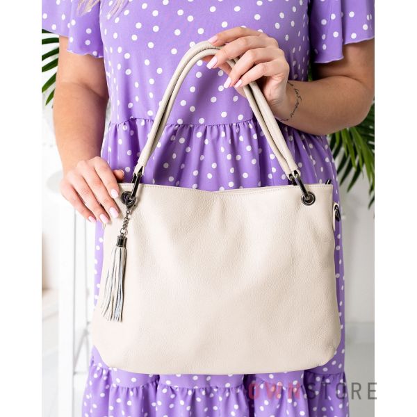Купить онлайн сумку женскую бежевую кожаную на двух ручках - арт.5202