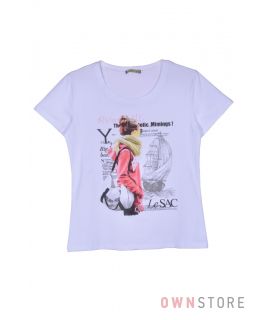 Купить онлайн женскую белую футболку впереди с рисунком  - арт.001-1