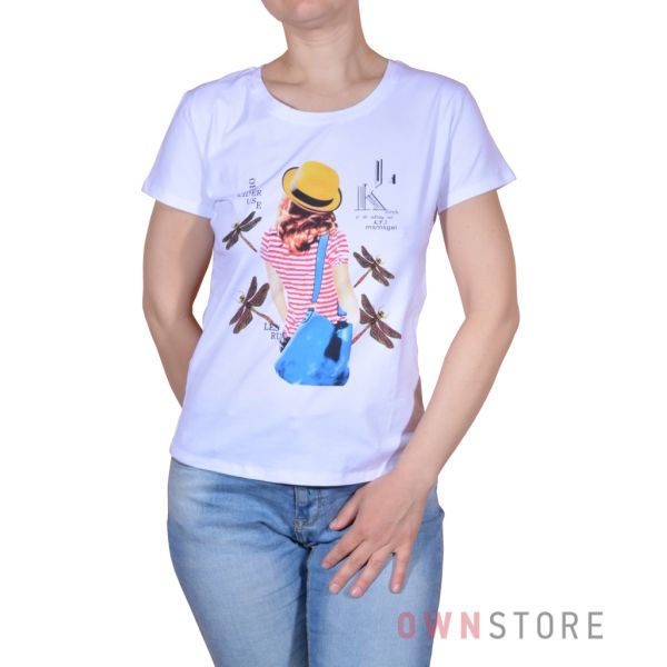 Купить онлайн женскую белую футболку впереди с  рисунком  - арт.001-2