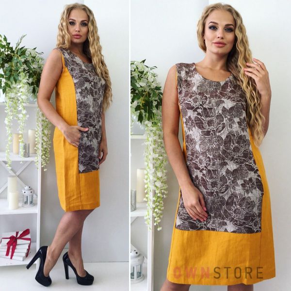 Купить онлайн льняное желтое женское платье с цветочной вставкой - арт.1081