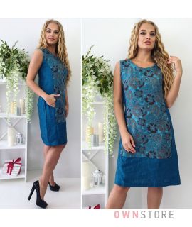 Купить онлайн льняное синее женское платье с цветочной вставкой - арт.1081