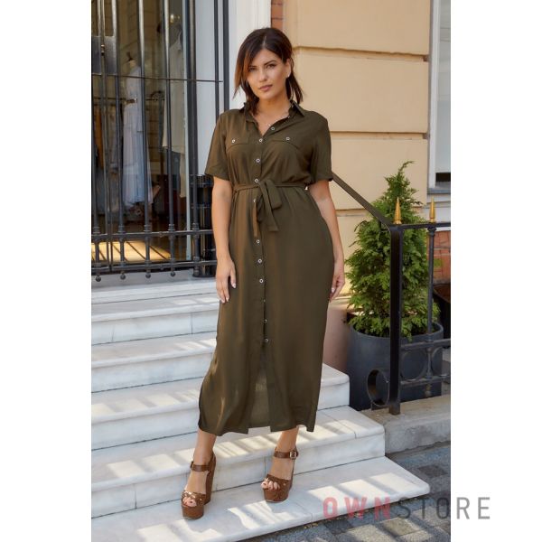 Купить онлайн батальное платье женское сафари хаки - арт.1157