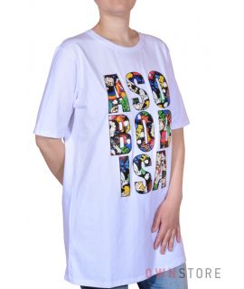 Купить онлайн женскую белую футболку с разноцветной аппликацией - арт.8659