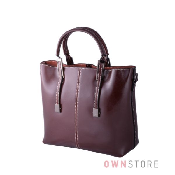 Купить онлайн сумку женскую кожаную коричневую со строчкой - арт.872