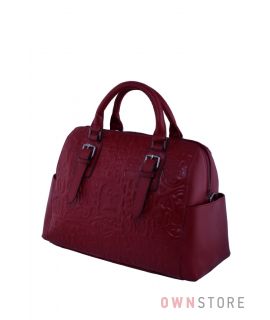 Купить сумку саквояж женскую красную кожаную с иероглифами онлайн - арт.9015
