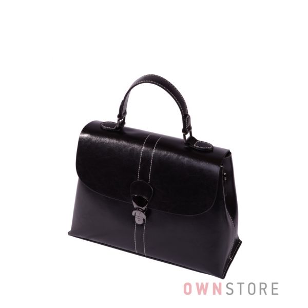 Купить онлайн сумку саквояж женскую с перекидом кожаную черную - арт.9970